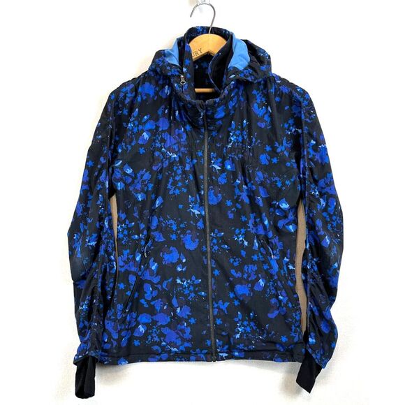 LULULEMON Gather Me Slightly Running Jacket Size 6 Blue Black Print Rain Hood - Picture 5 of 11